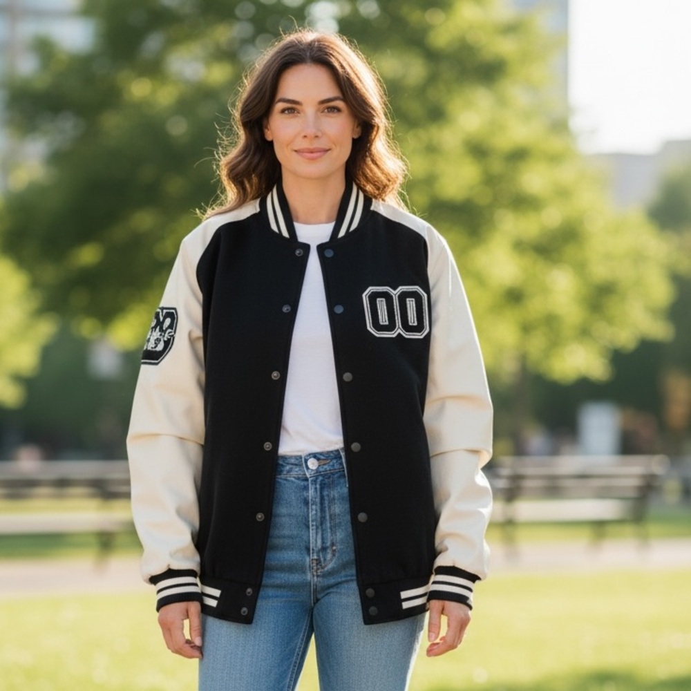 Wild Fable Black and Cream Varsity Jacket.